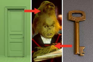 a green door on the left, the baby grinch in the middle, and a key on the right