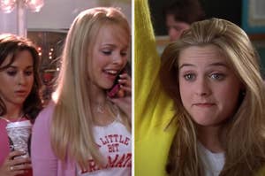 A screenshot from "Mean Girls" is on the left with Cher raising her hand on the right