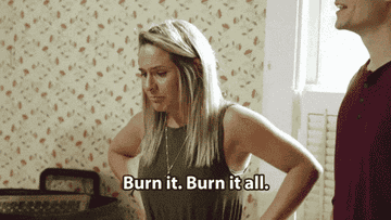 Woman on HGTV show saying &quot;Burn it, burn it all&quot; while looking at an outdated kitchen