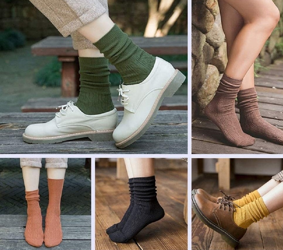 a collage of five different models wearing the socks in different colors