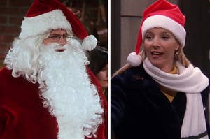chandler dressed as santa on the left and phoebe with a santa hat on the right