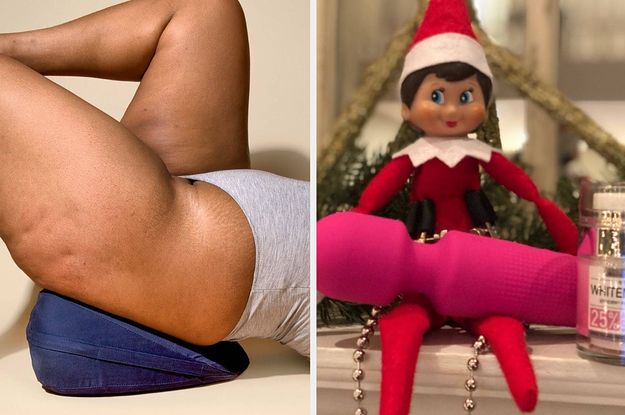 Model posing on blue wedge pillow and elf on the shelf with pink wand vibrator