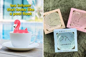 pool float tea infuser on the left and trinket dish with astrological signs on the right