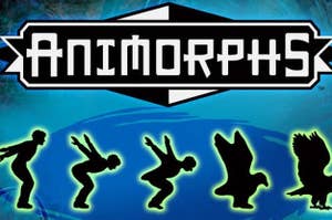 Animorphs logo over a graphic of a kid morphing into a bird