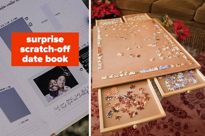 L: surprise scratch-off date book R: puzzle board with four drawers
