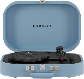 the turntable in a light blue case
