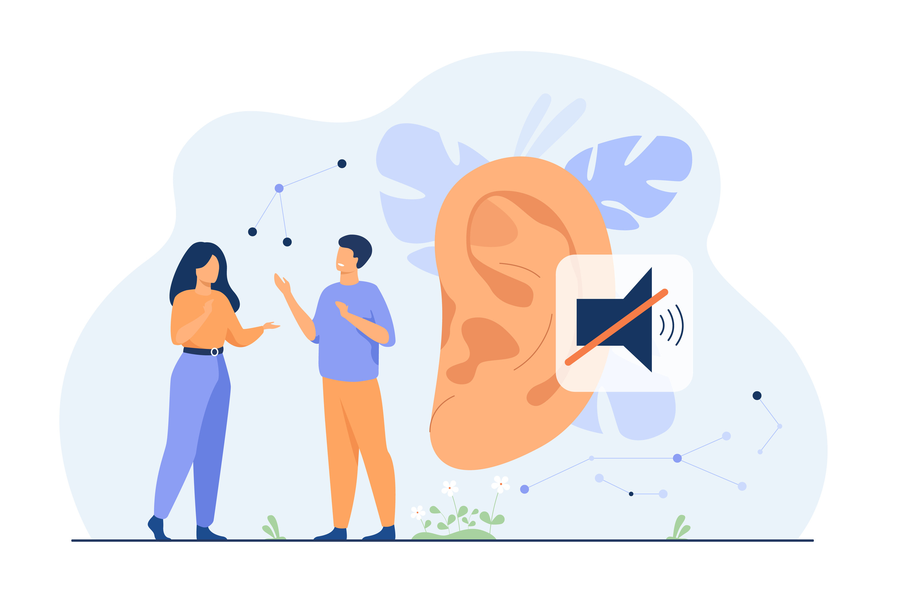 An illustration of two people talking to each other with an ear next to them and the symbol for the audio button on mute