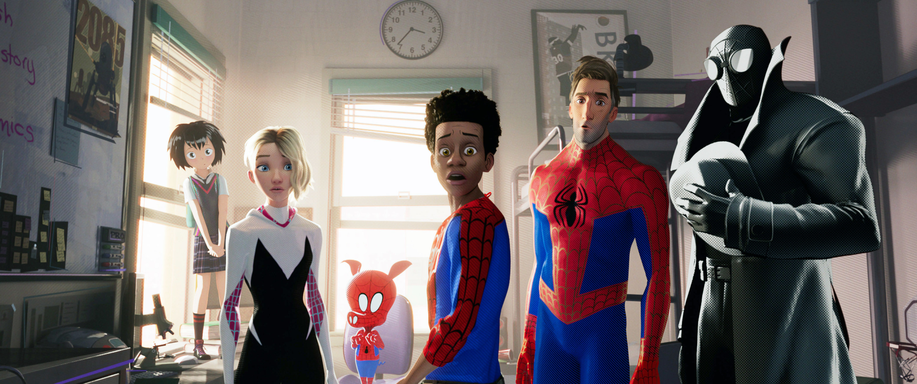 The six alternate Spider-Men in Miles&#x27; room