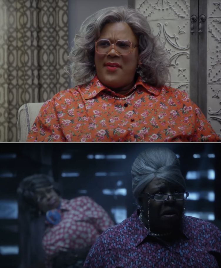 Tyler Perry as Madea in an orange, flowery button-up top