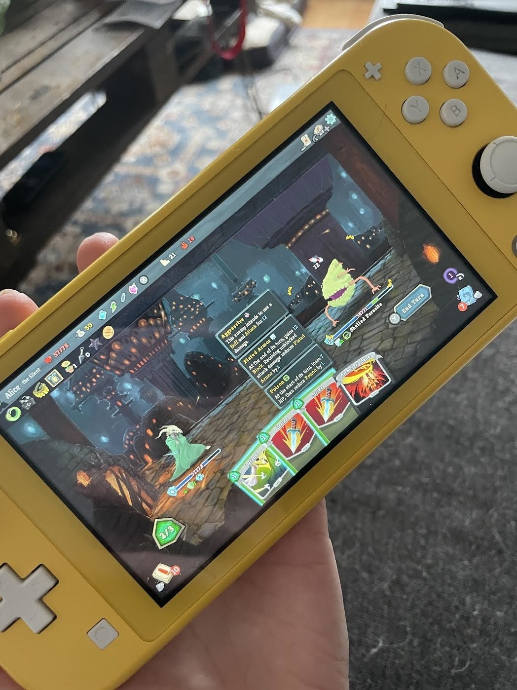 Alice holding her Switch with the game in play