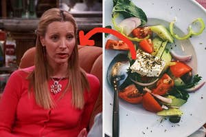 Phoebe Buffay sits on a couch while wearing a brightly colored sweater and an overhead shot of a bowl of Greek salad
