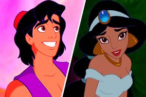 A close up of Aladdin as he smiles and Princess Jasmine as she's mid sentence 