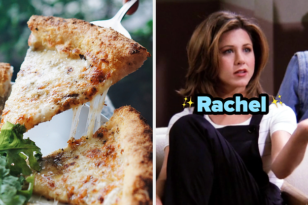 On the left, someone lifting up a slice of cheese pizza with a spatula, and on the right, Rachel from Friends