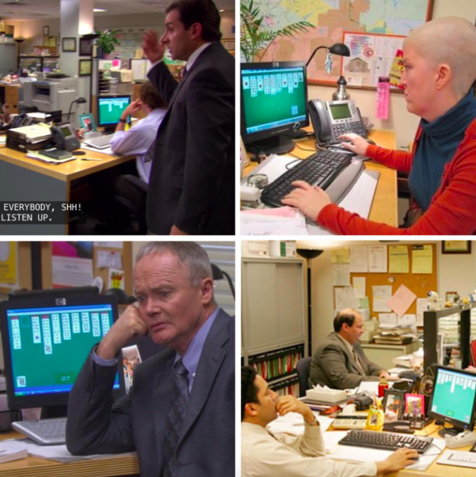 Four images of various employees playing solitaire at their computers
