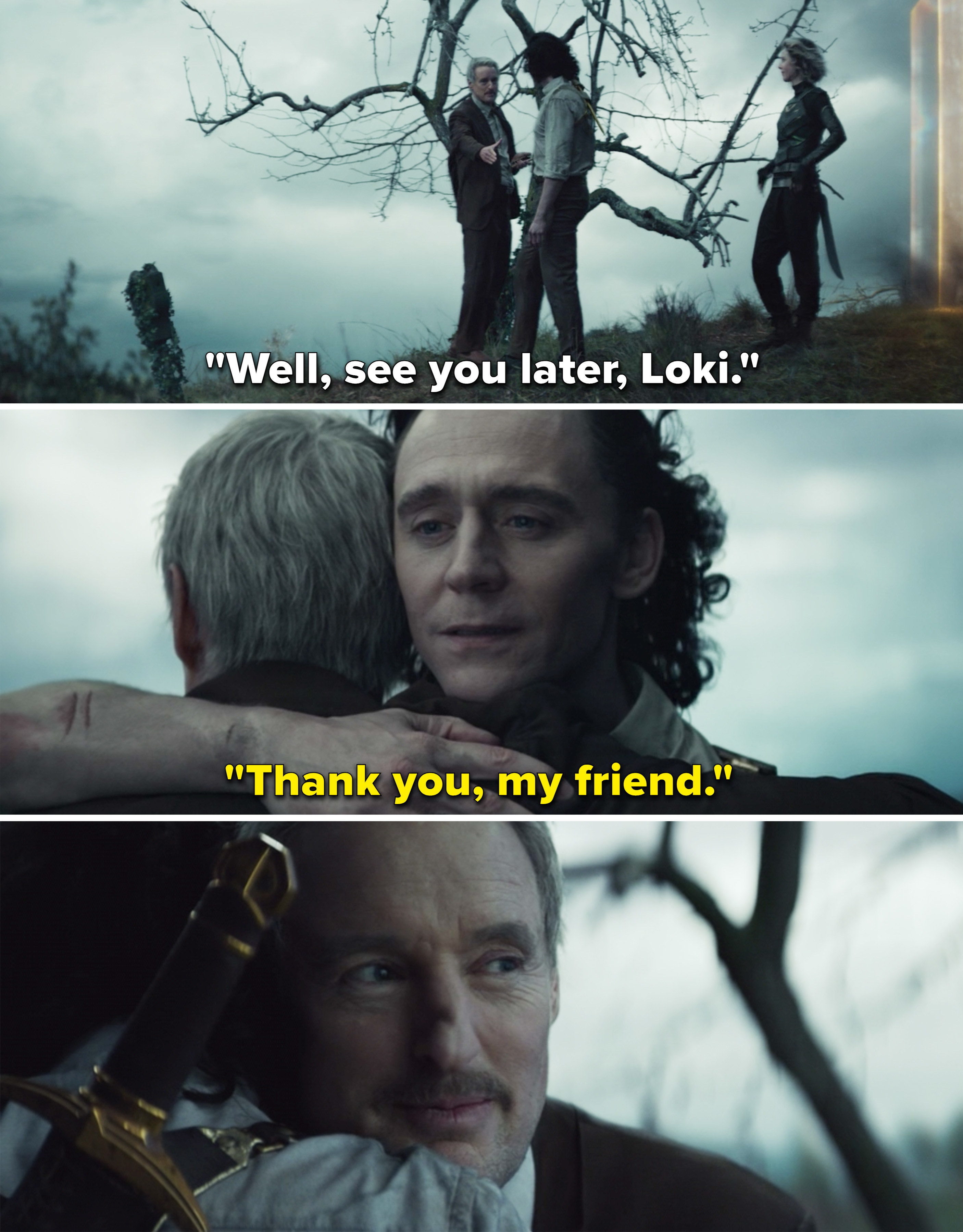 Mobius and Loki hugging and Loki thanking him