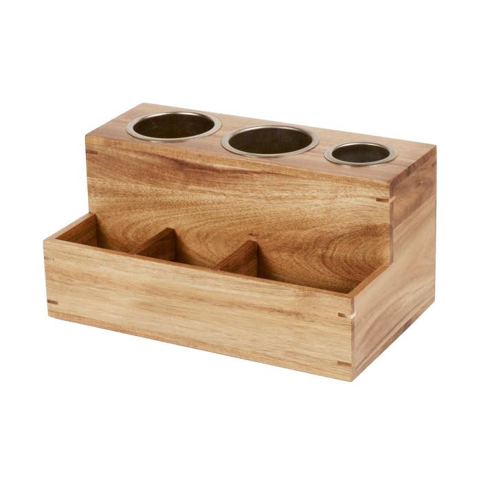 the wooden organizer with metal and wood slots