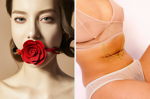 Model with rose-shaped ball gag in mouth and model wearing gold nipple to clit clamps