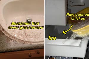 Uncleaned beard hair on a sink and a thing of opened raw chicken spilling onto some ice