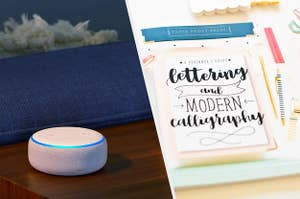 An Echo Dot on a side table, A calligraphy book on a table