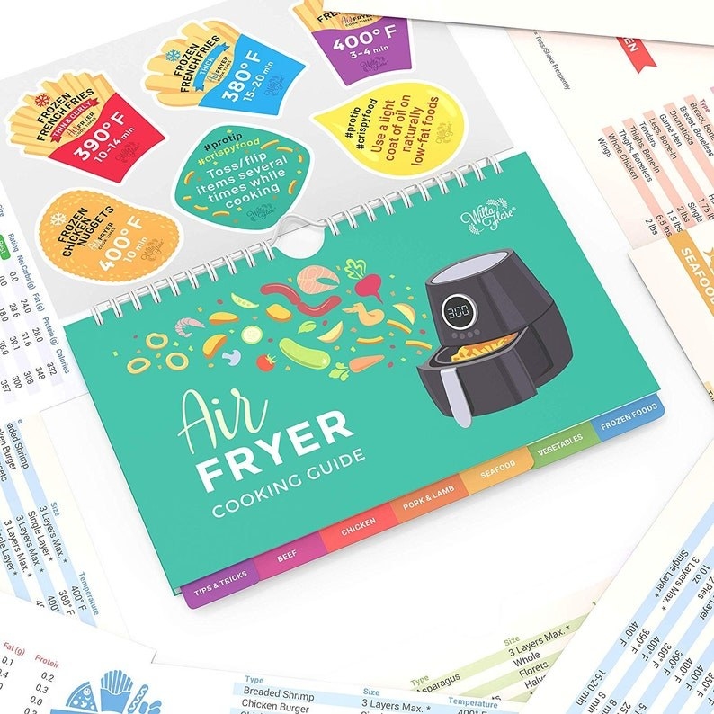 the flip book of air fryer cheat sheet cooking times
