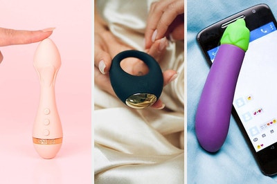 Pink bullet vibrator, model holding black cock ring and purple eggplant vibrator next to cell phone