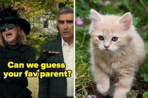 A mom and dad is on the left labeled, "Can we guess your fav parent?" with two cats on the right