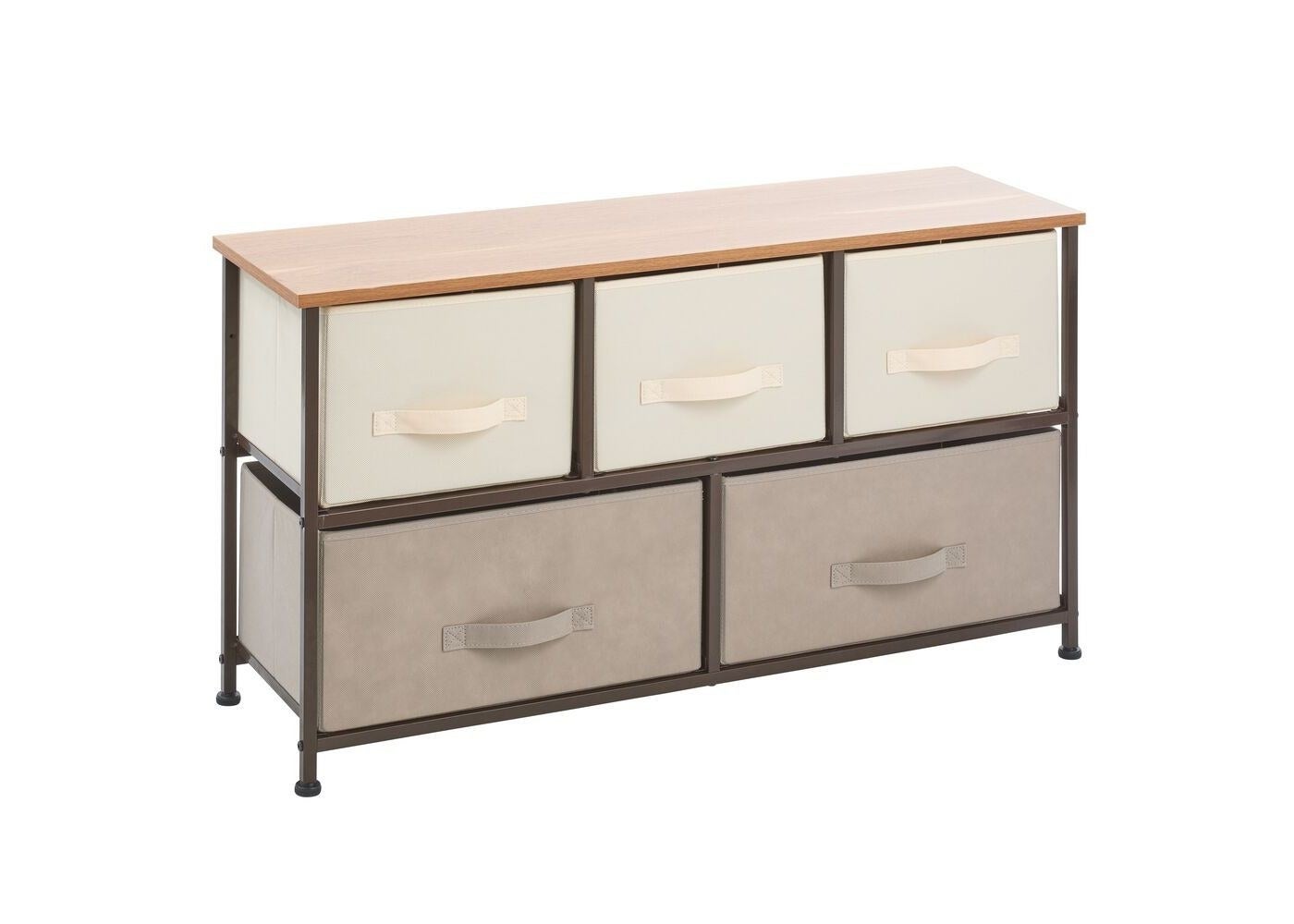 the wooden topped dresser with cream and gray bins