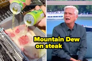 A man looking disgusted and confused at someone pouring mountain drew onto a steak