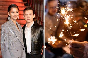 On the left, Zendaya and Tom Holland, and on the right, people holding sparklers