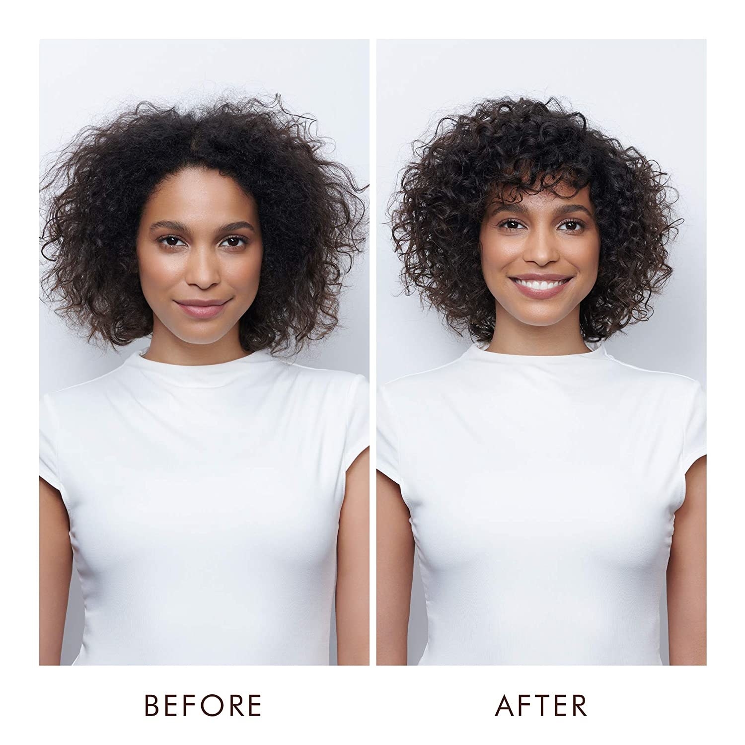 on left, model with undefined curls. on right, model with more shaped curls after using the curl cream above