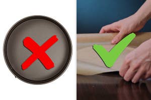 A pan without parchment paper with an "x" on it and a person lining a pan with parchment with a "checkmark" on it