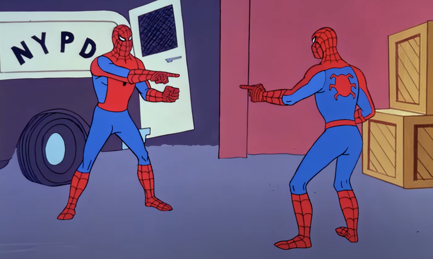 The illustrated meme of two Spider-Men pointing at each other