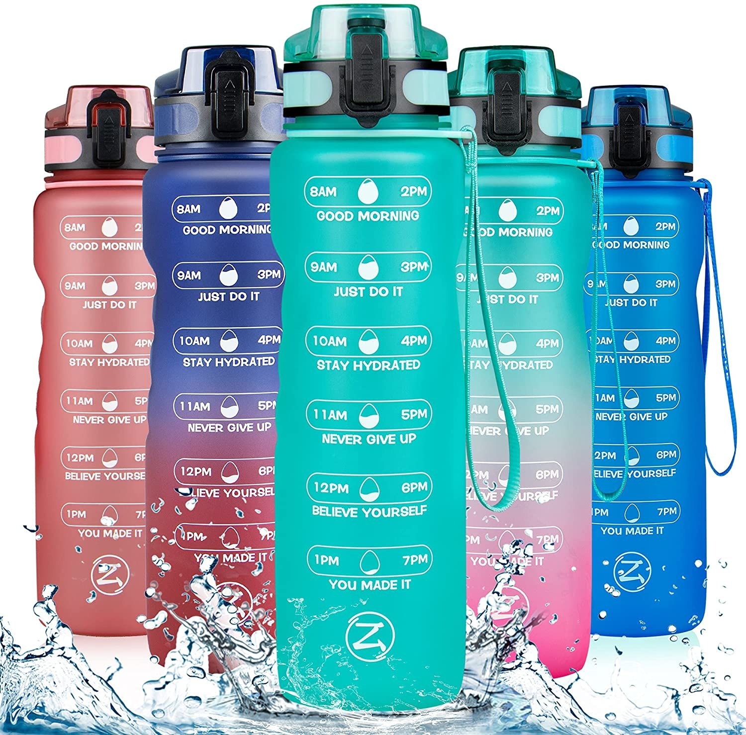Five water bottles in a V-formation