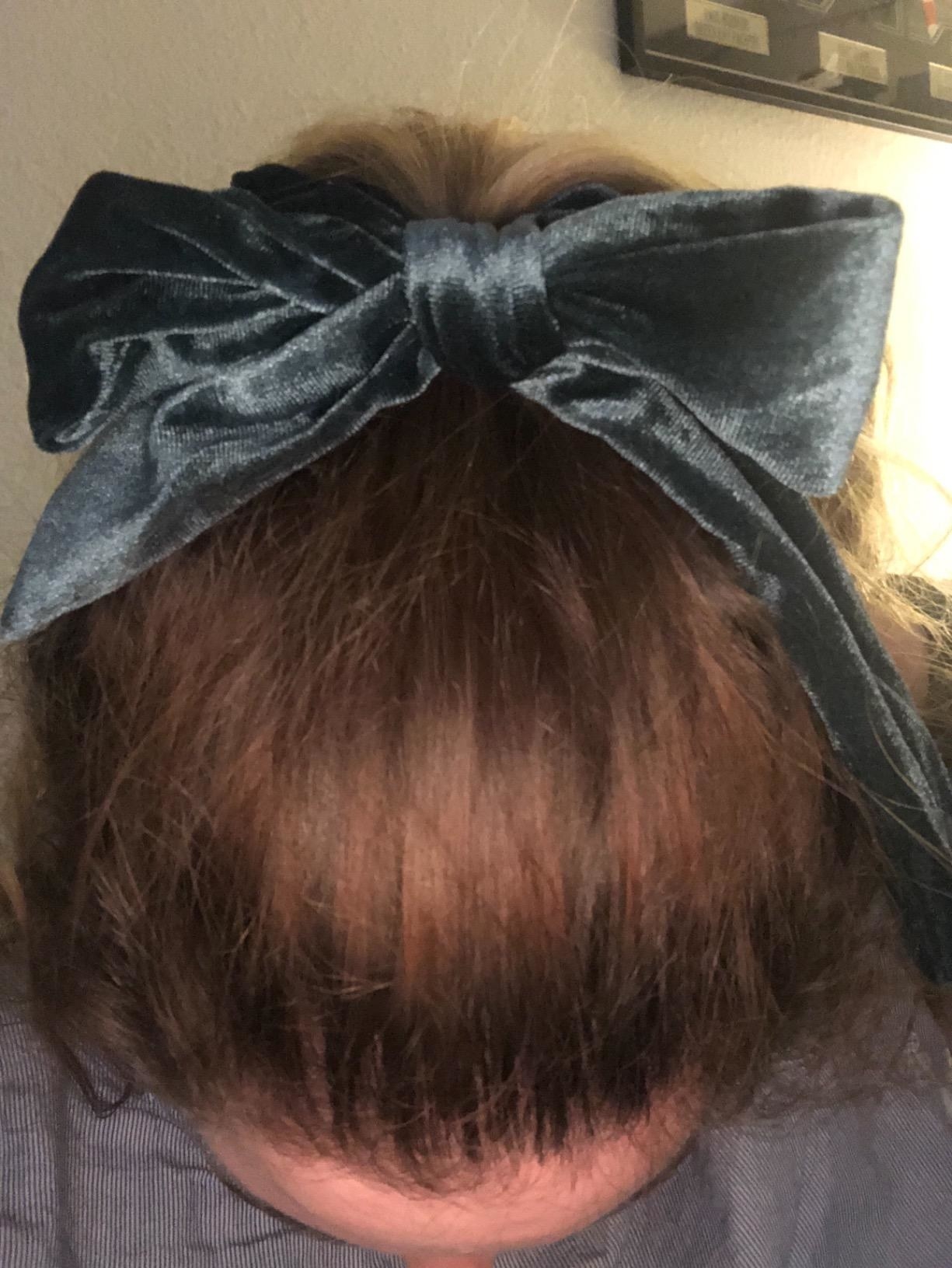 reviewer with velvet bowtie in hair
