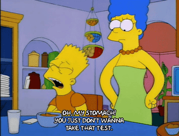 GIF of Bart Simpson complaining about a stomach ache and his mom Marge not believing him