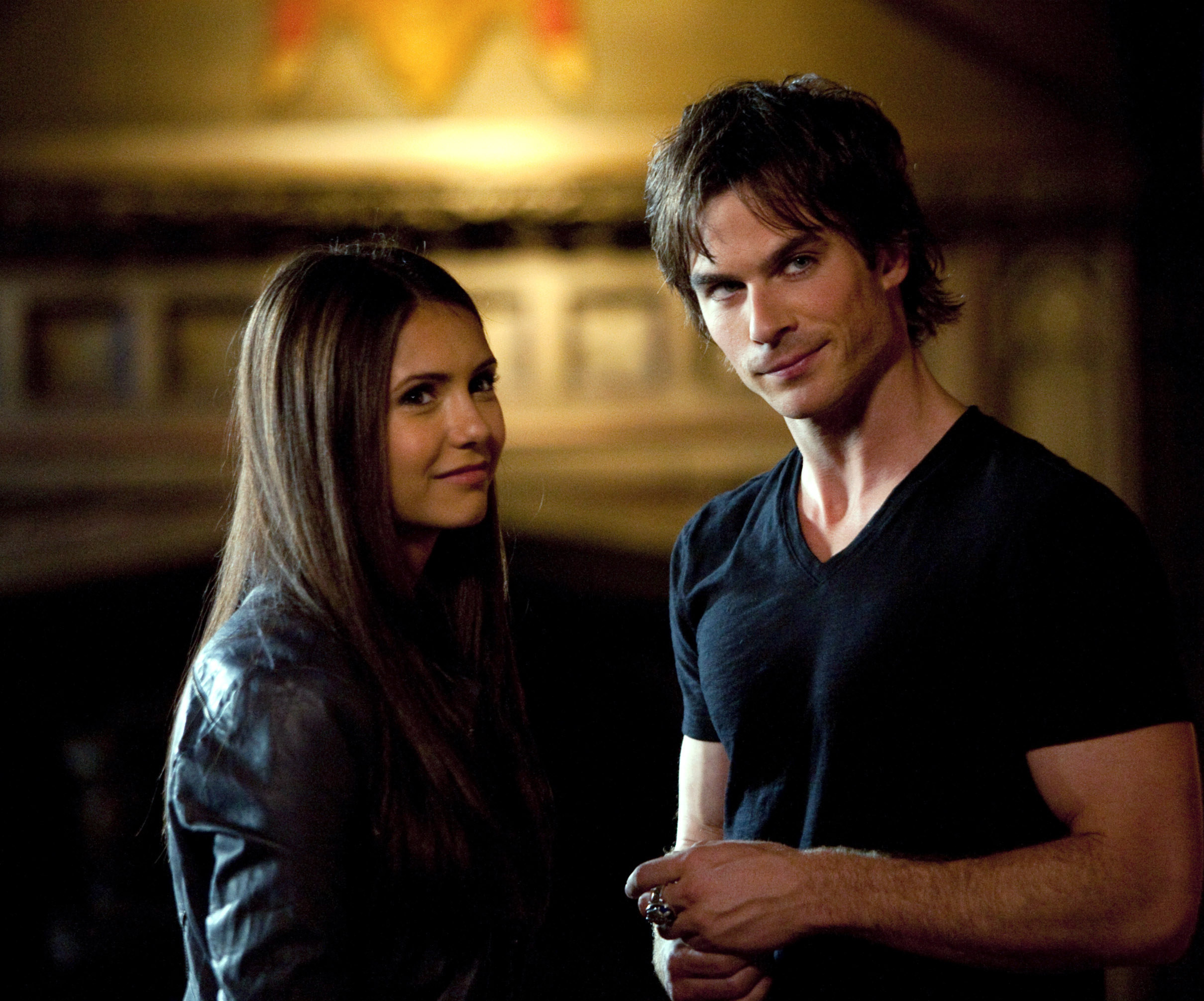 Elena and Damon stand together, looking like they&#x27;re in cahoots