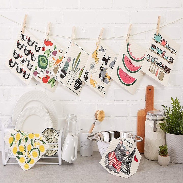 The Swedish dish cloths in a variety of designs hung in a row