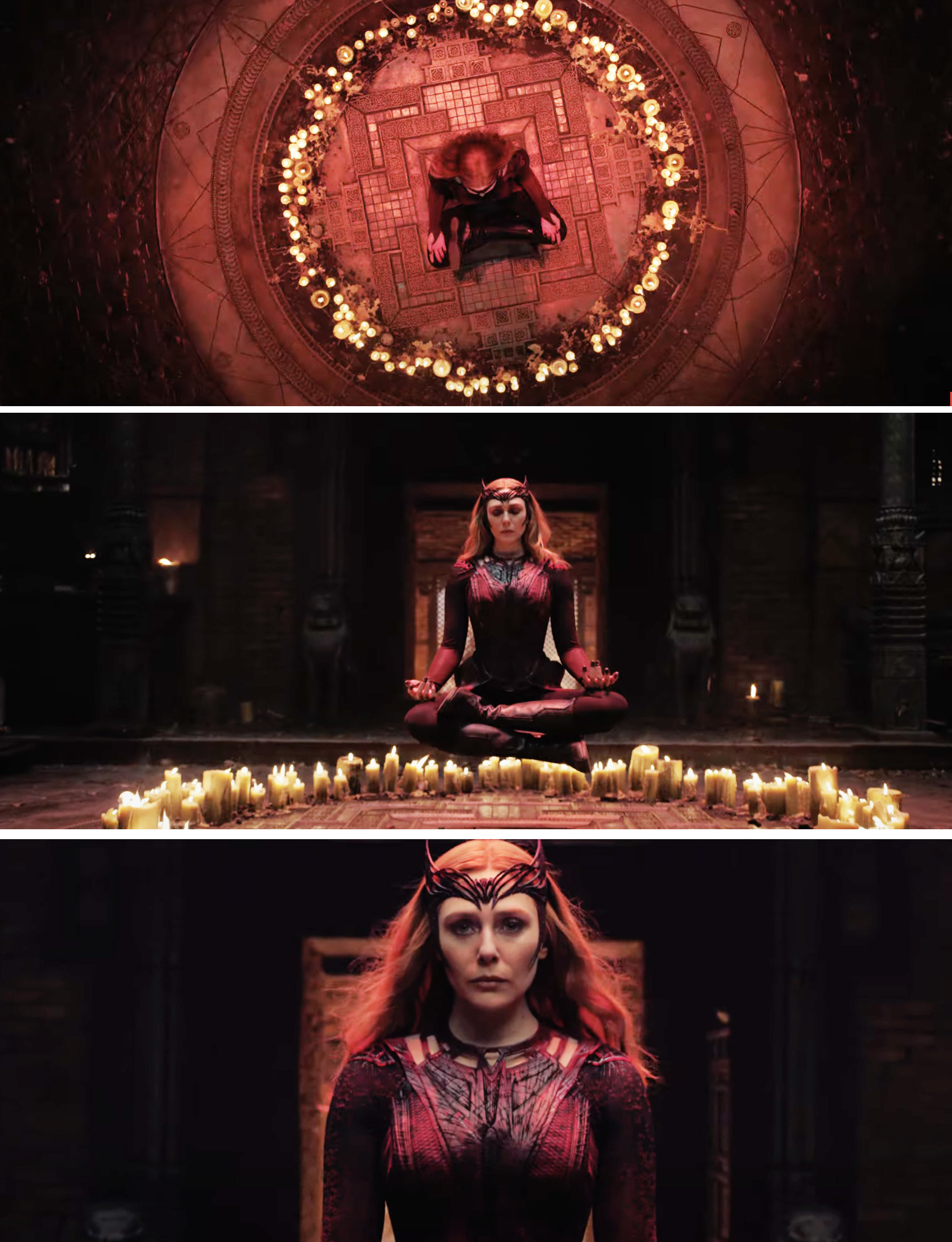 Wanda sitting cross-legged and levitating in the middle of a circle of lit candles