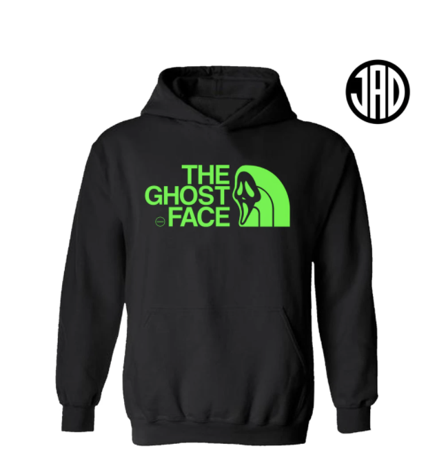 sweatshirt that looks like The North Face logo but has the Scream mask on it