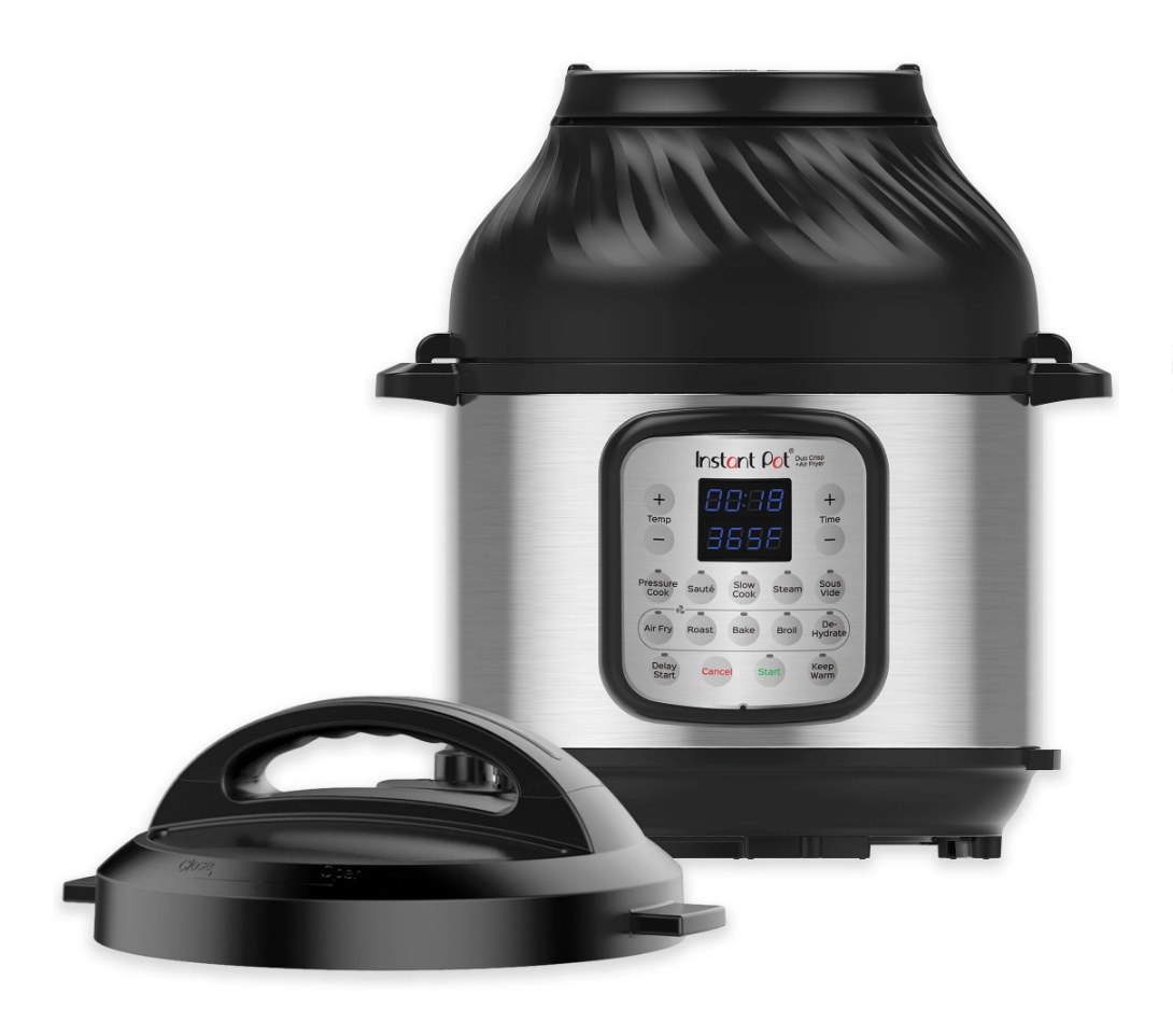 A silver/black Instant Pot pressure cooker
