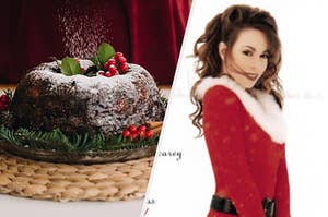 A chocolate cake being sprinkles with powdered sugar and Mariah Carey wears a Santa suit