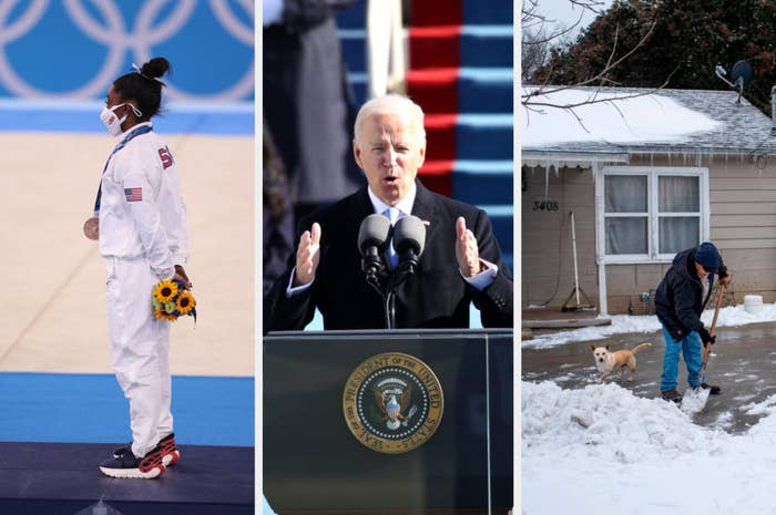 From left to right, Simone Biles wearing a face mask during an Olympic medal ceremony, President Biden speaking at his inauguration, a man shoveling snow from his driveway as a dog looks on