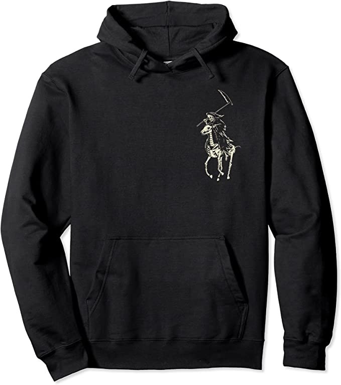 plain black pullover hoodie with a reaper in the style of the Polo Ralph Lauren polo player logo