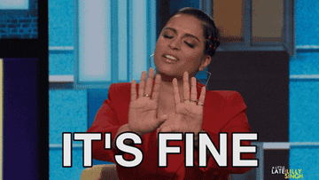 Lily Singh moving her hands and saying &quot;it&#x27;s fine&quot; on &#x27;A Little Late With Lilly Singh&#x27;