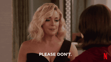 Jane Krakowski as Jacqueline Voorhes shaking her head and saying &quot;Please don&#x27;t&quot; on &#x27;Unbreakable Kimmy Schmidt&#x27;
