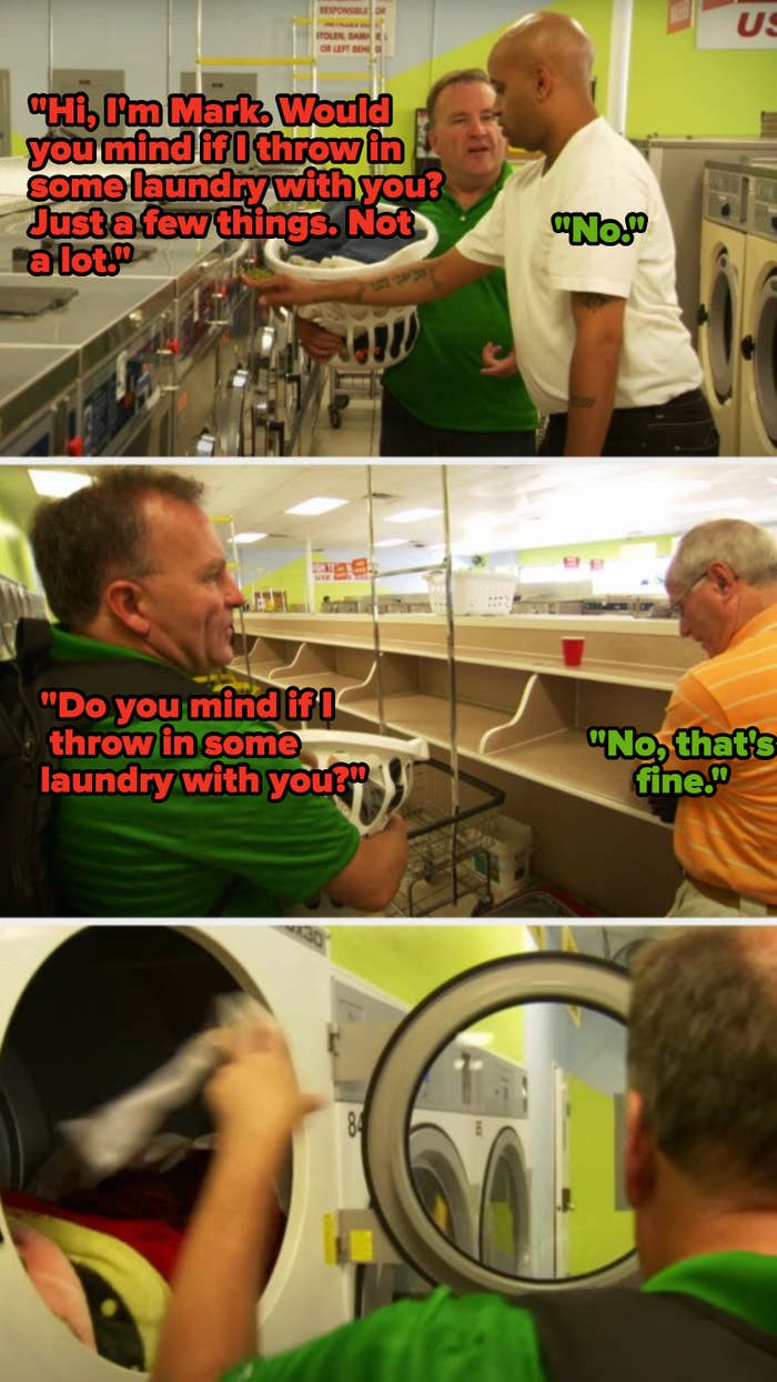 A man asking strangers at the laundromat if he can add his laundry to theirs