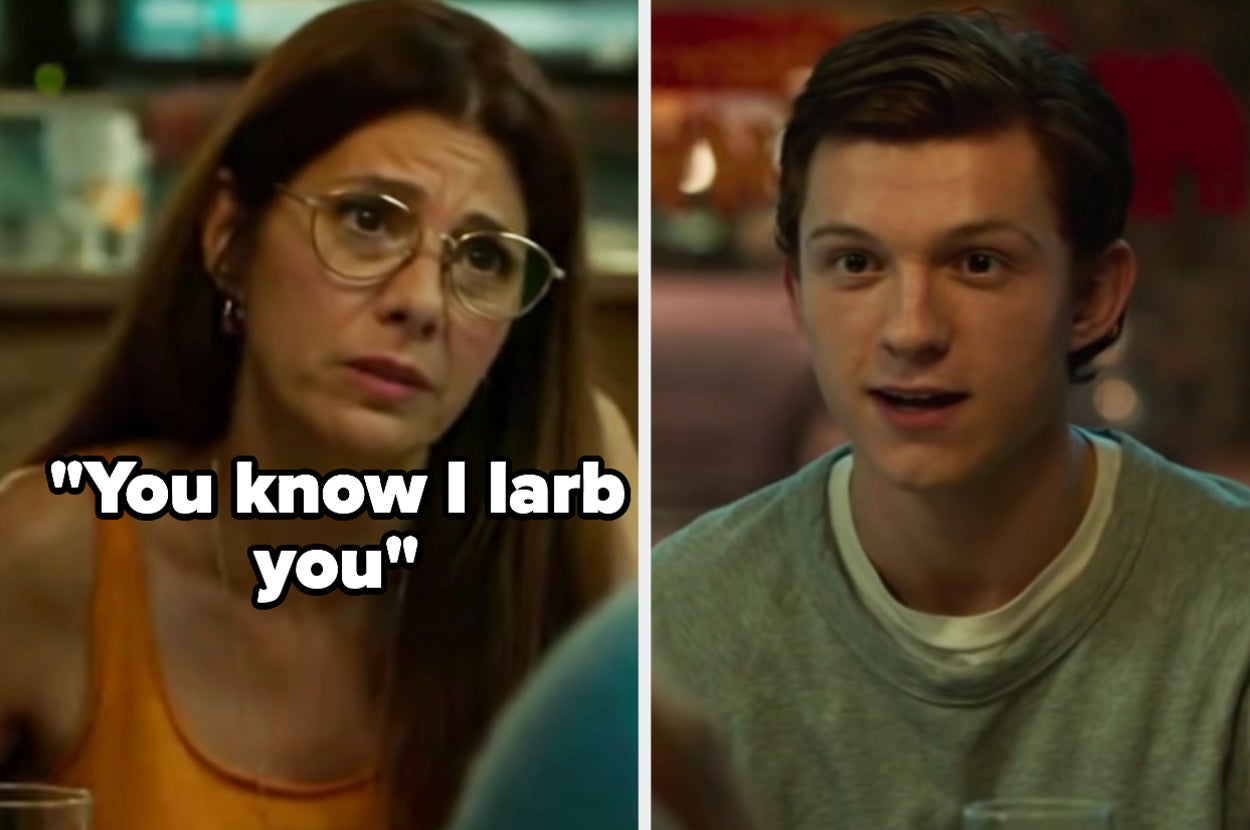 A close up of May Parker as she says, "You know I larb you," and a close up of Peter Parker as he smiles