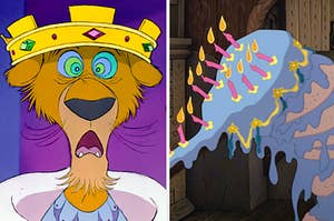 king richard on the left and the leaning cake from sleeping beauty on the right