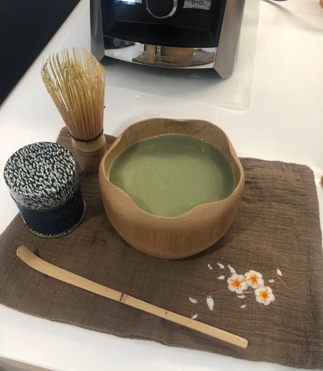 the tea set with matcha in the bowl