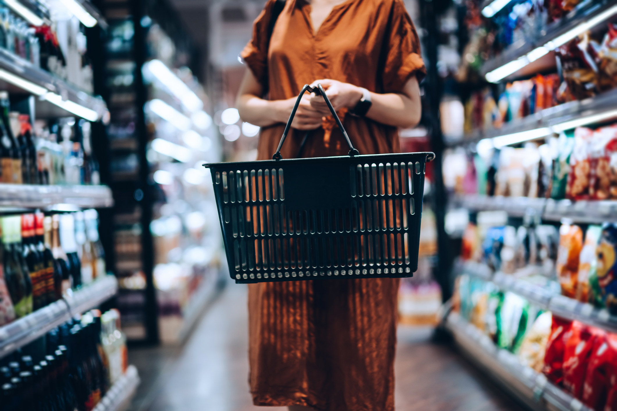 A person holding a basket in the grocery store